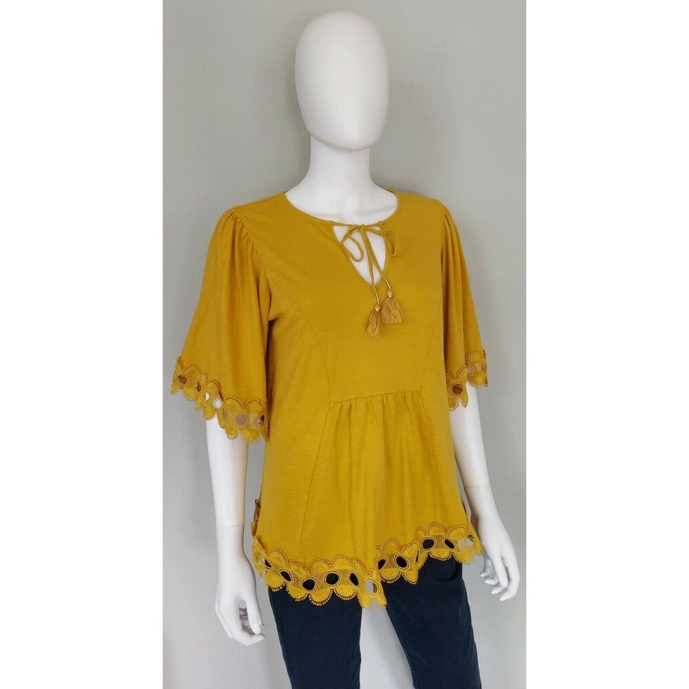 Boden Ayla Top Womens UK 12 US 8 Mustard Short Sleeve V Neck Crochet Tassels - Picture 4 of 11